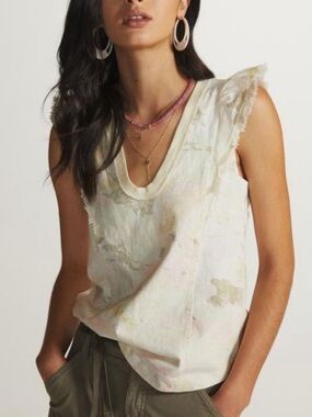 Pilcro Ruffle Sleeve Scoop Neck Tee Tank Floral Butter Yellow Camo MP